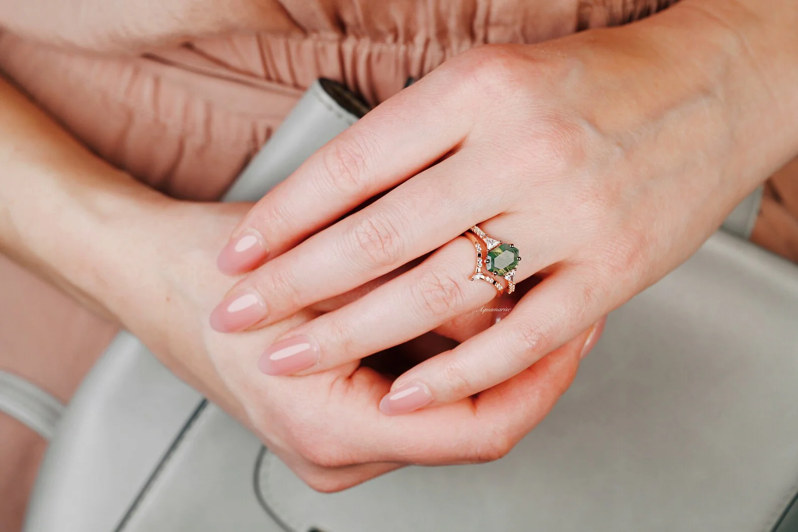 Hexagon Cut Green Moss Agate Engagement Ring Set in 14K Solid Rose Gold - Image 5