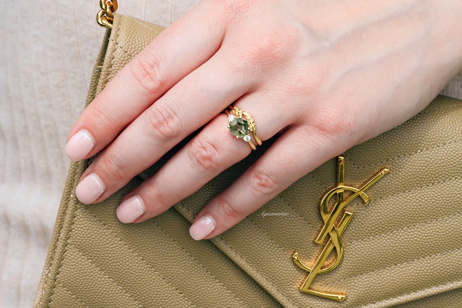 Hexagon Cut Green Moss Agate Fairy Leaf Engagement Ring Set in 14K Solid Yellow Gold - Image 2