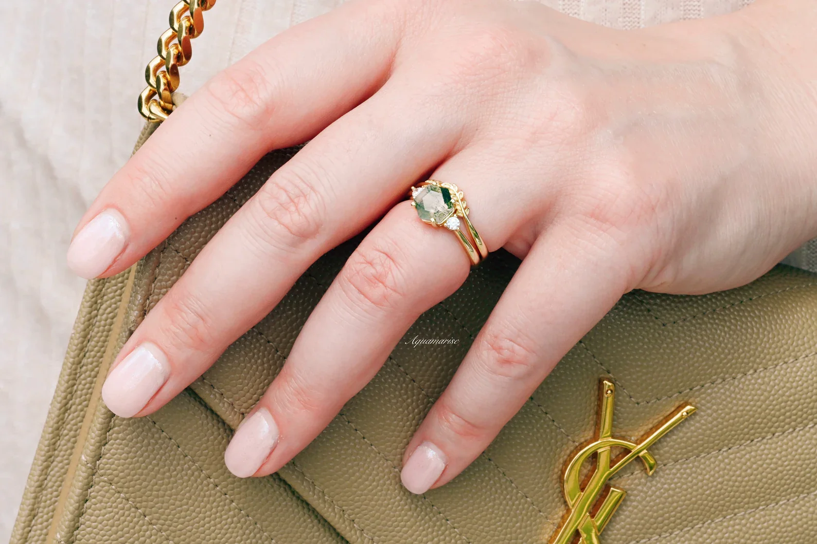 Hexagon Cut Green Moss Agate Fairy Leaf Engagement Ring Set in 14K Solid Yellow Gold - Image 3