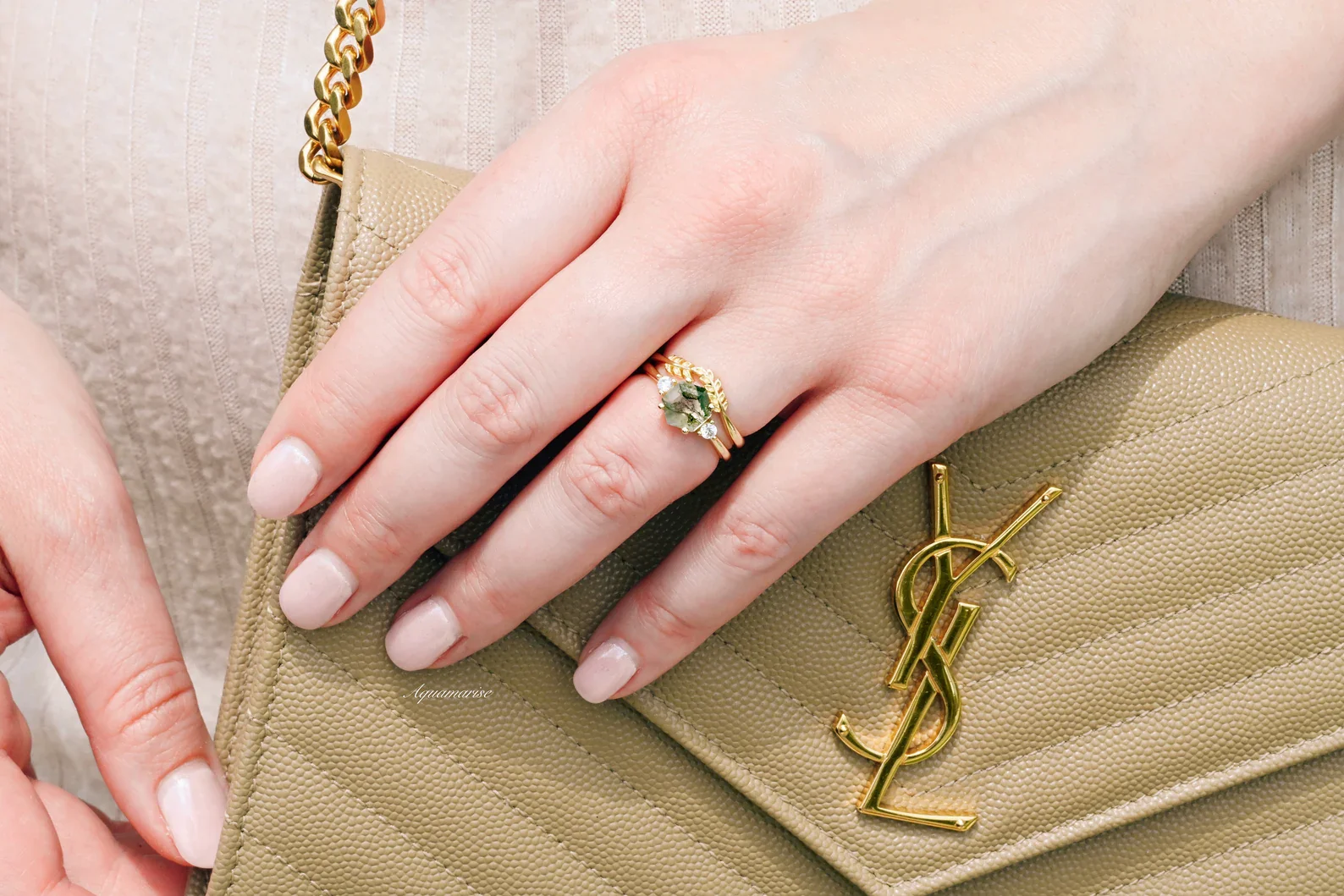 Hexagon Cut Green Moss Agate Fairy Leaf Engagement Ring Set in 14K Solid Yellow Gold - Image 5
