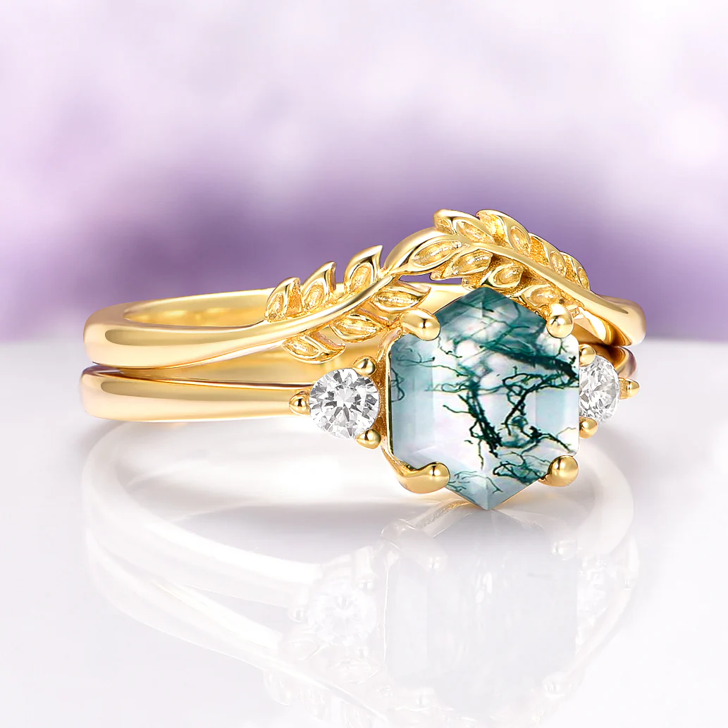 Hexagon Cut Green Moss Agate Fairy Leaf Engagement Ring Set in 14K Solid Yellow Gold - Image 7