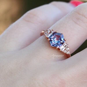 Hexagon Cut Alexandrite Engagement Ring in 14K Solid Rose Gold - Image 2