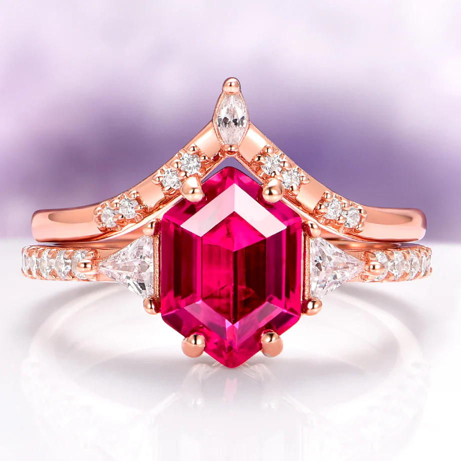 Hexagon Ruby Engagement Ring Set in 14K Solid Rose Gold