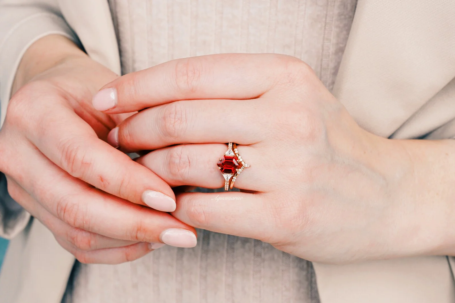 Hexagon Ruby Engagement Ring Set in 14K Solid Rose Gold - Image 4