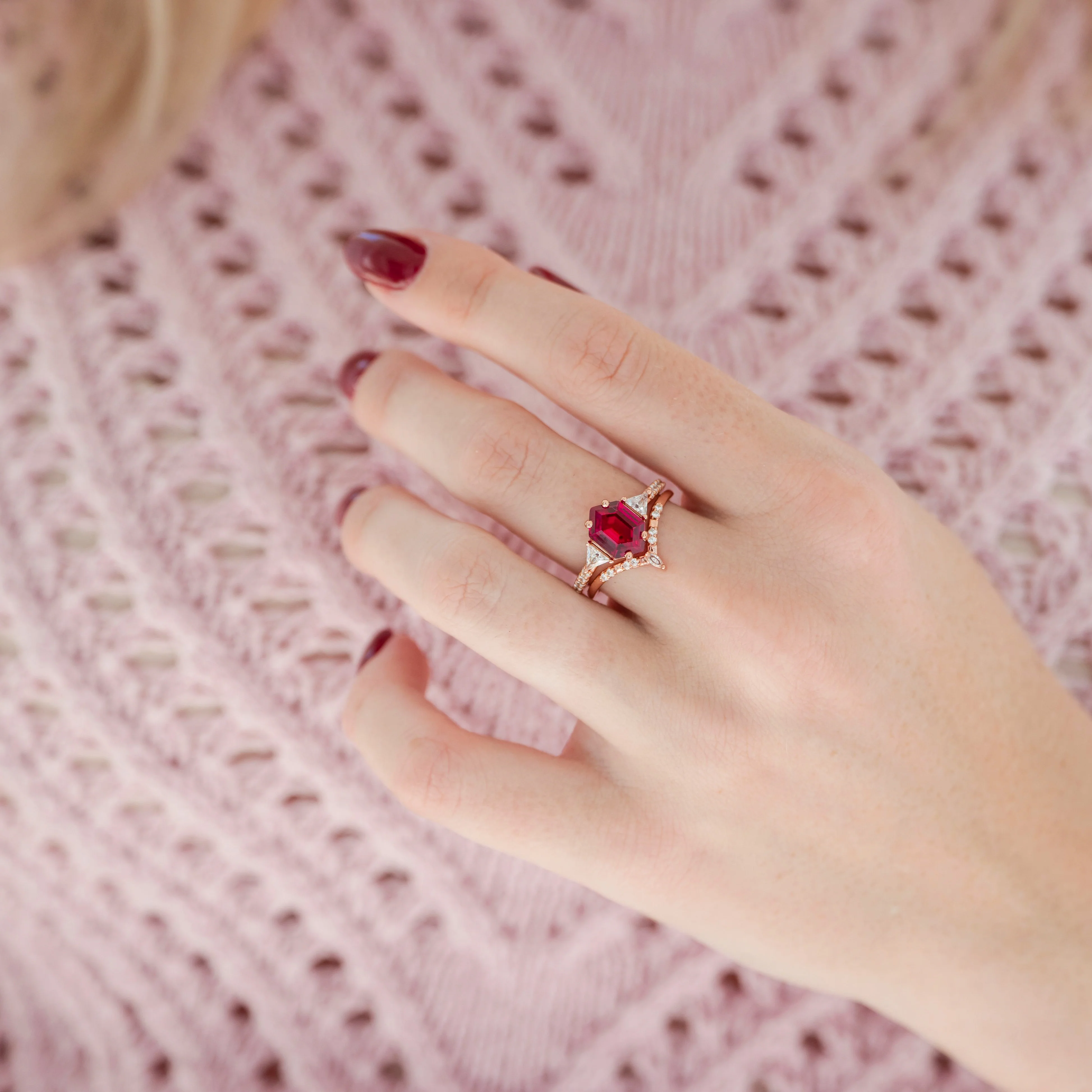 Hexagon Ruby Engagement Ring Set in 14K Solid Rose Gold - Image 7