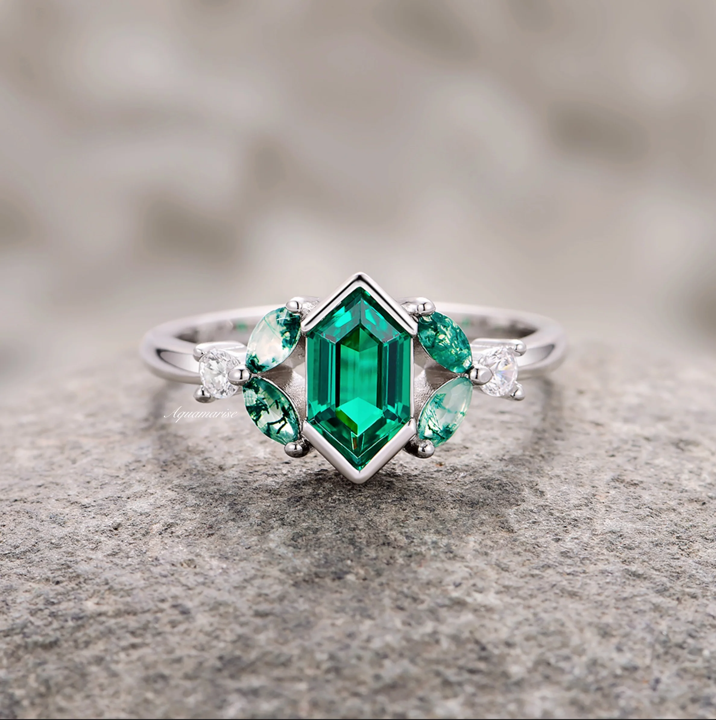 Hexagon Emerald & Moss Agate Couples Ring Set - Image 3