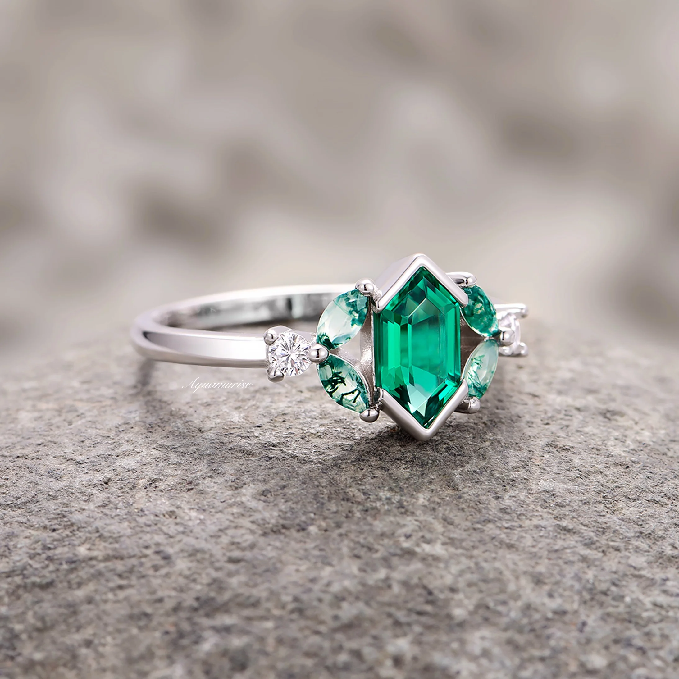 Hexagon Emerald & Moss Agate Couples Ring Set - Image 8