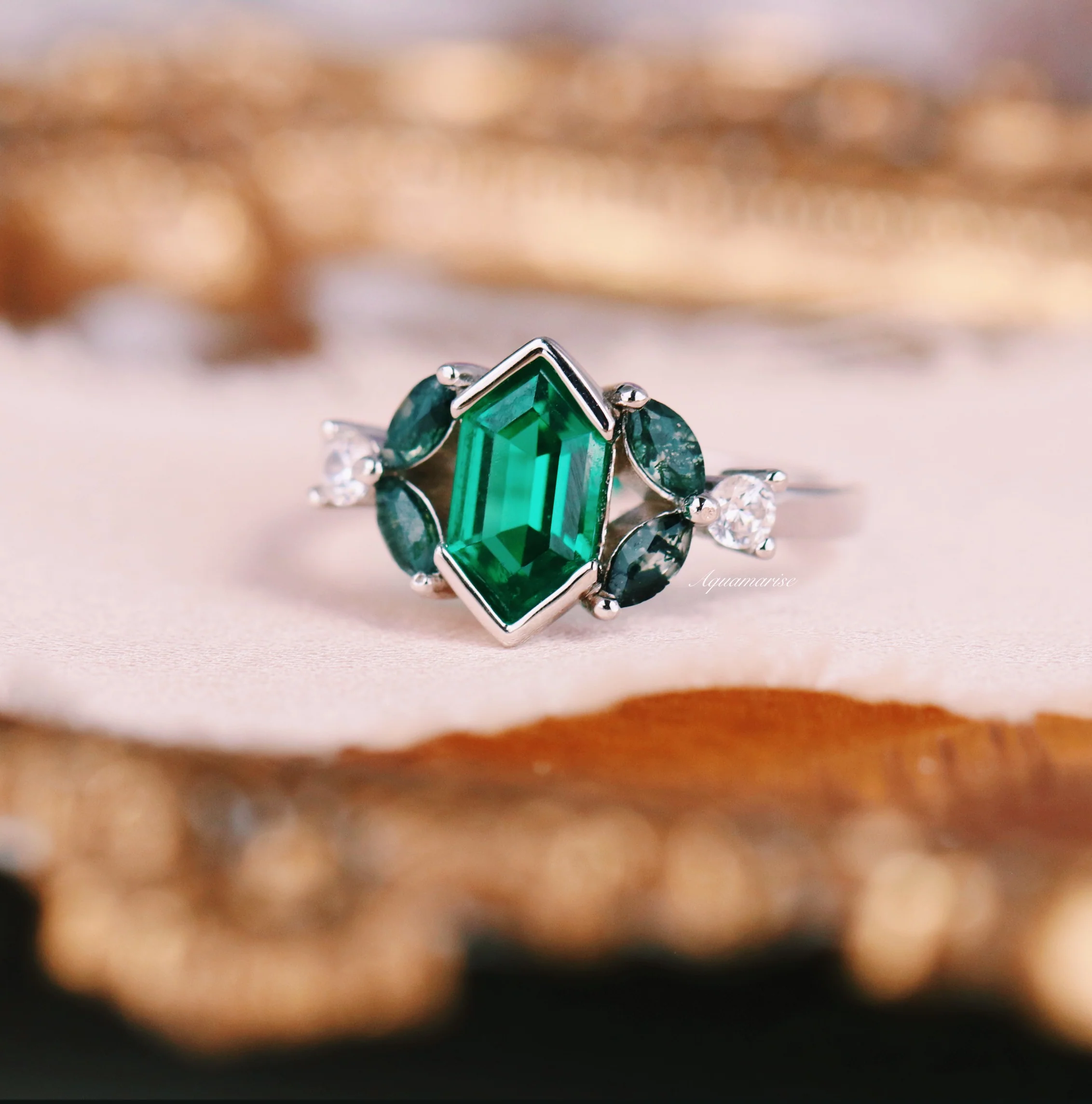 Hexagon Emerald & Moss Agate Leaf Ring- 14K White Gold - Image 3