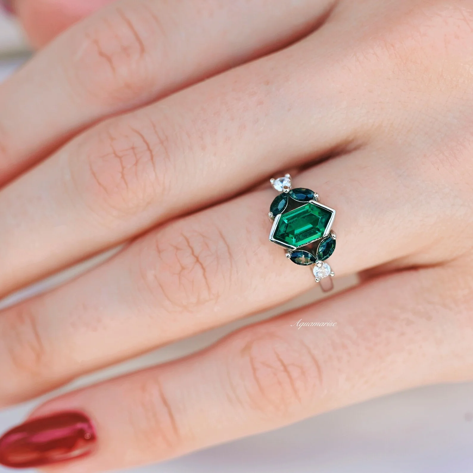 Hexagon Emerald & Moss Agate Leaf Ring- 14K White Gold - Image 5