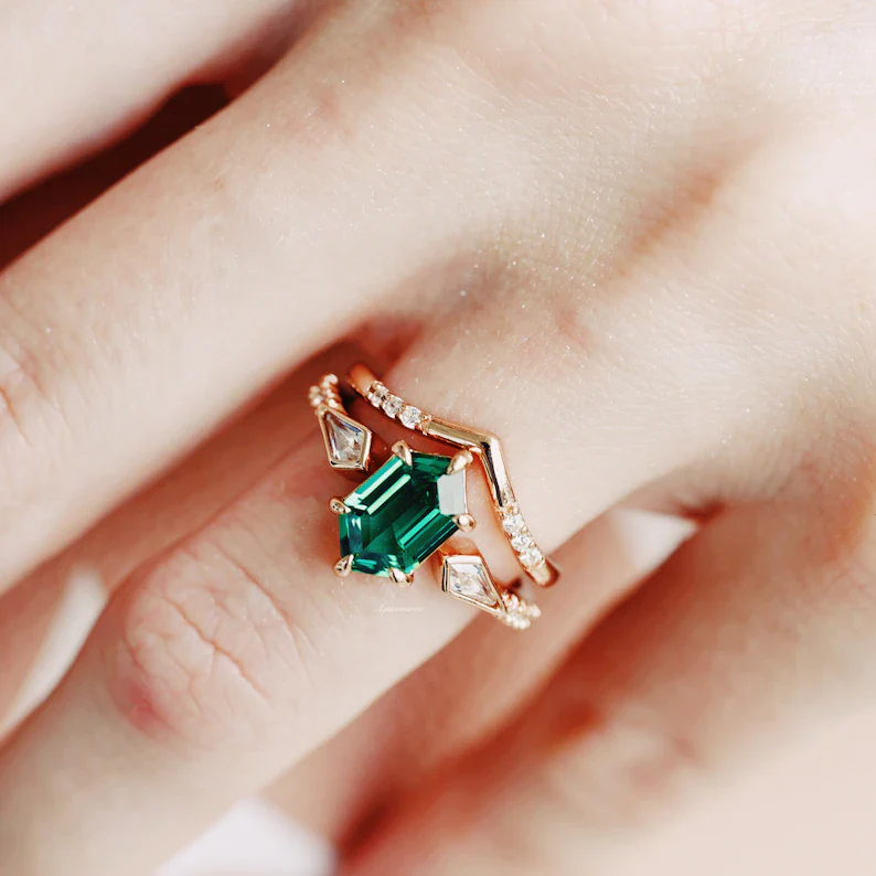 Hexagon Emerald Ring Set- 14K Solid Rose Gold - Image 3