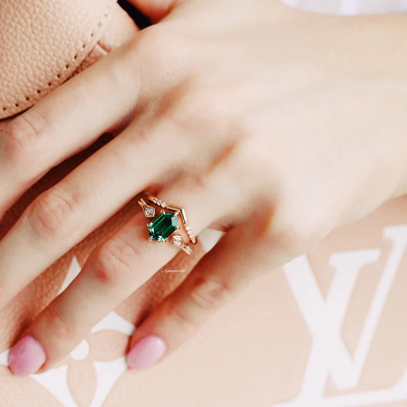 Hexagon Emerald Ring Set- 14K Solid Rose Gold - Image 4