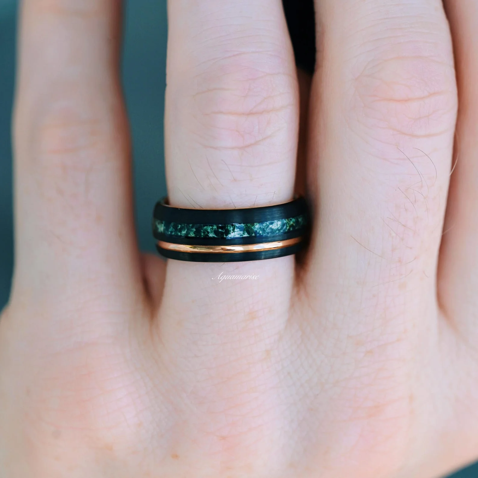 Hexagon Green Moss Agate Couples Ring Set - Image 5