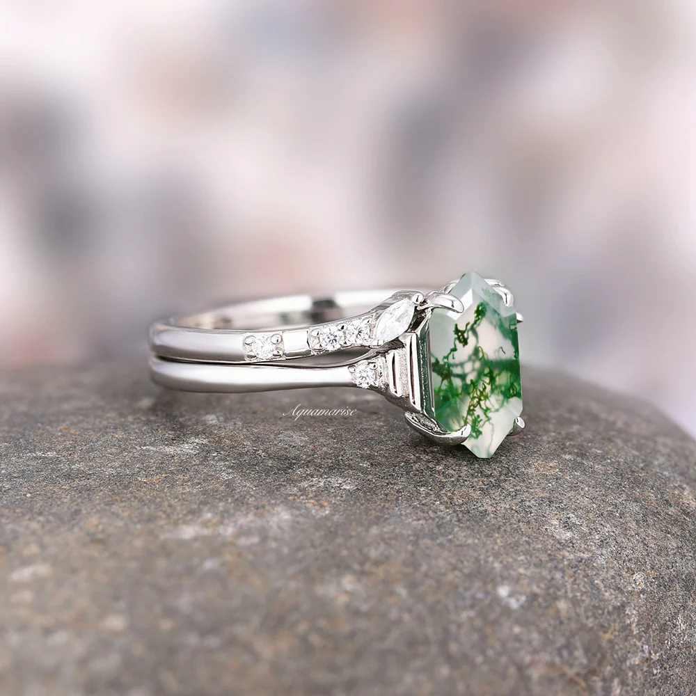Hexagon Green Moss Agate Ring Set- 925 Sterling Silver - Image 5