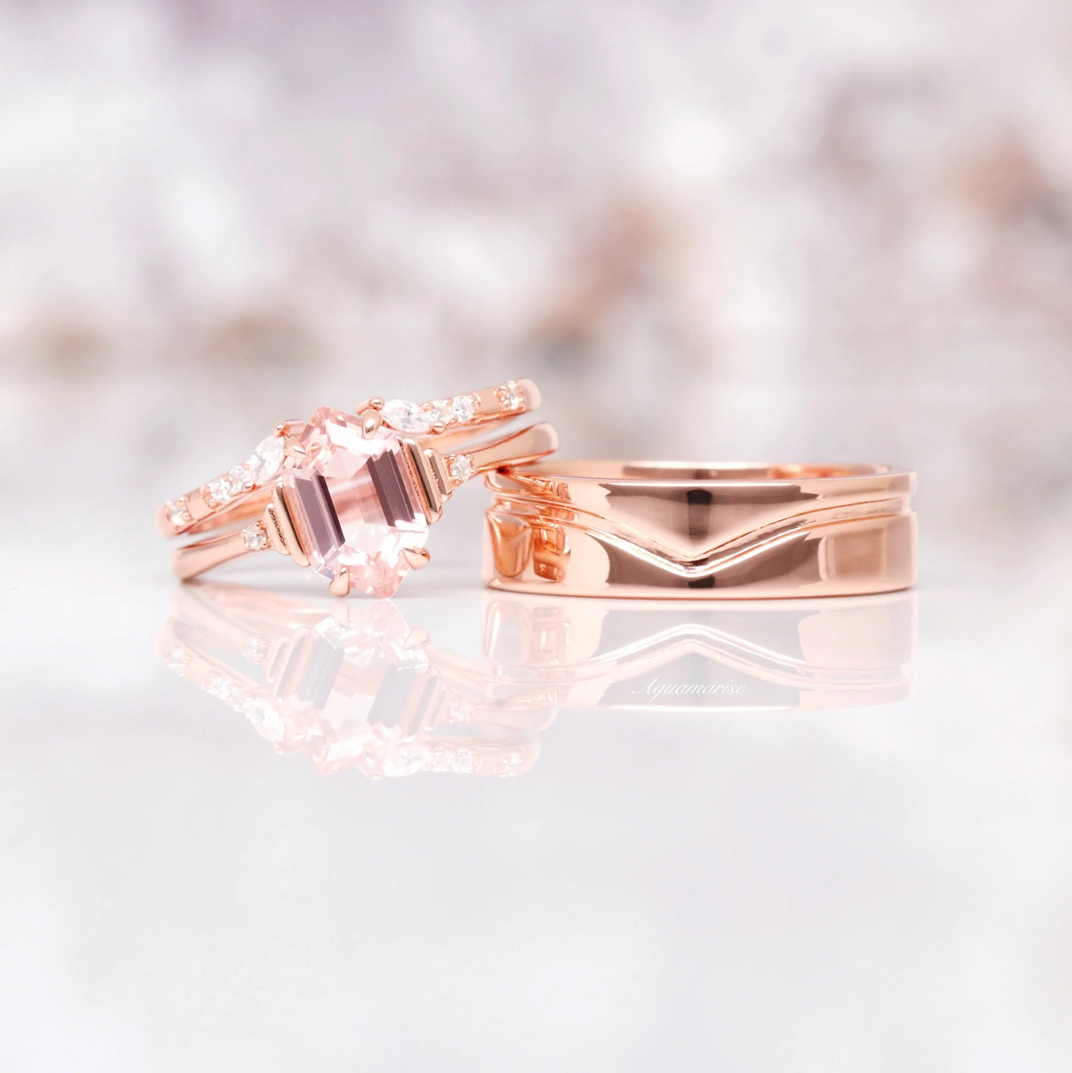 Hexagon Morganite Ring Set- 14K Solid Rose Gold - Image 2