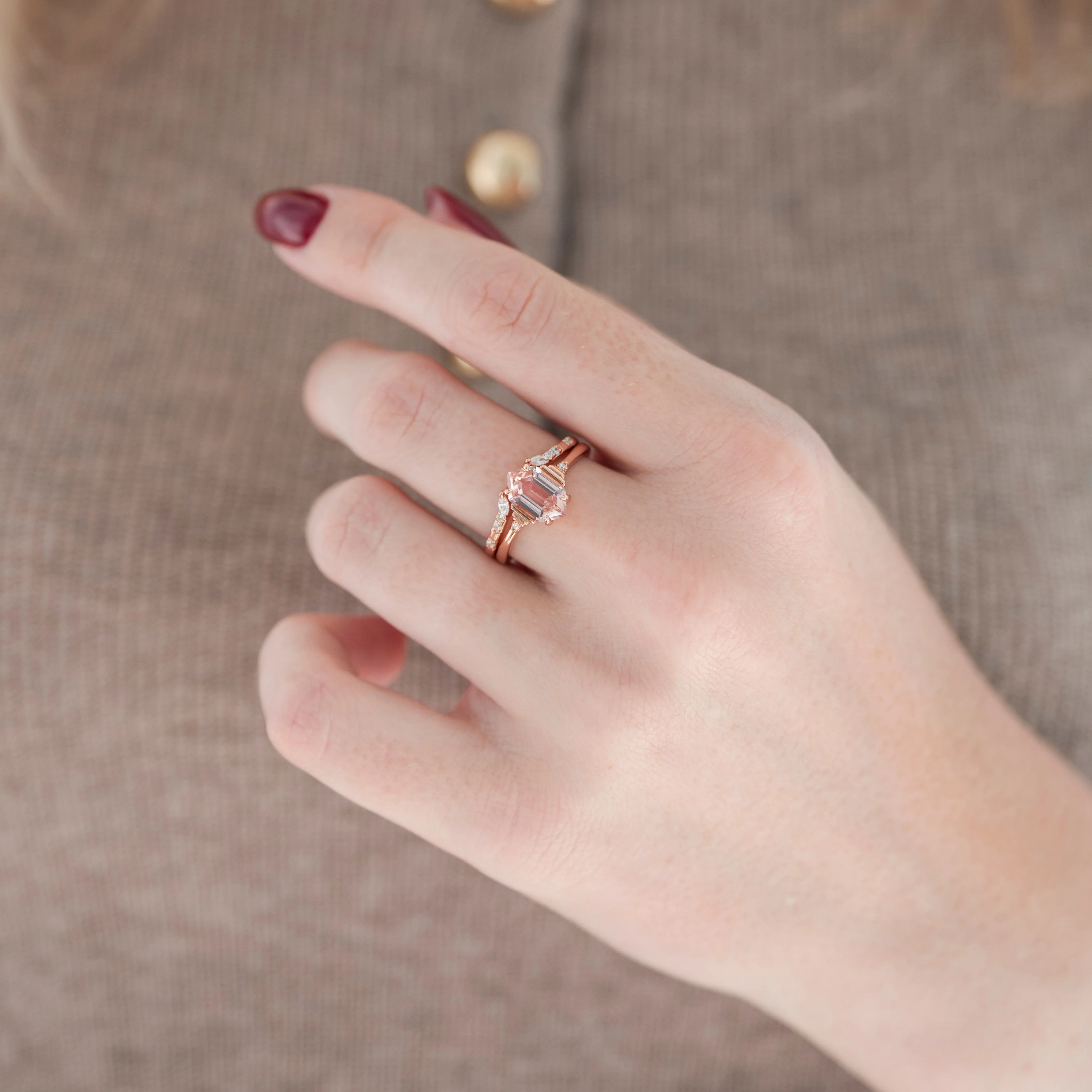 Hexagon Morganite Couples Ring Set - Image 5