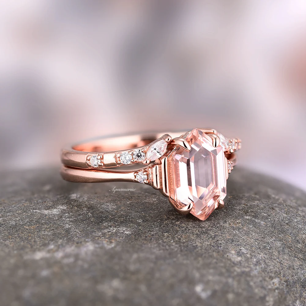 Hexagon Morganite Ring Set- 14K Solid Rose Gold - Image 5