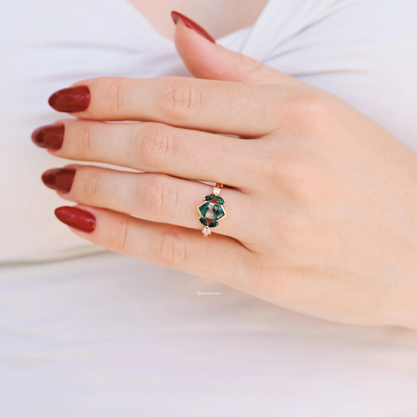 Hexagon Moss Agate Leaf Engagement Ring in 14K Solid Rose Gold - Image 4