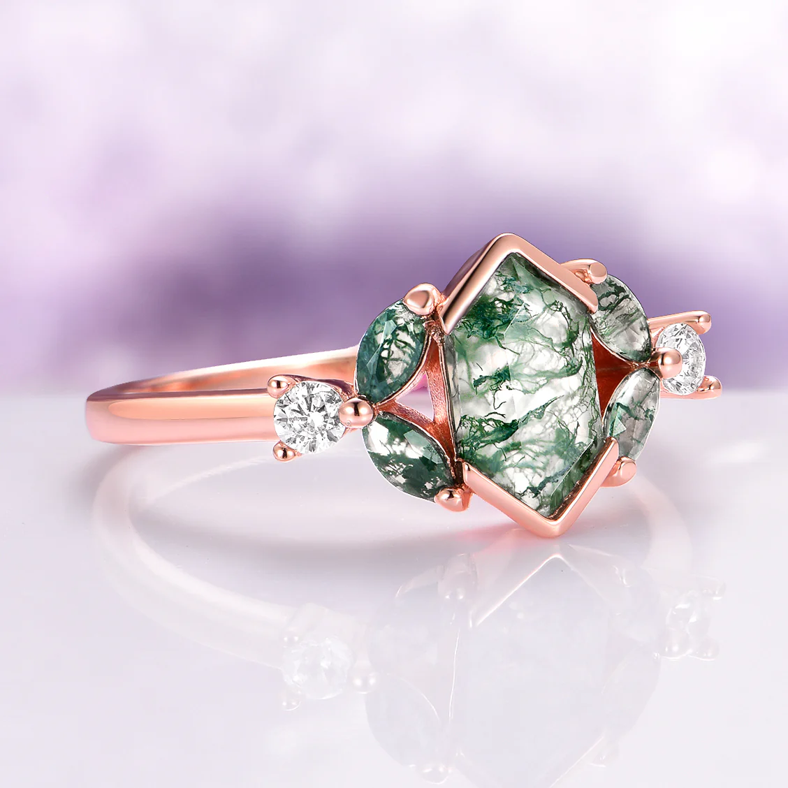 Hexagon Moss Agate Leaf Engagement Ring in 14K Solid Rose Gold - Image 5