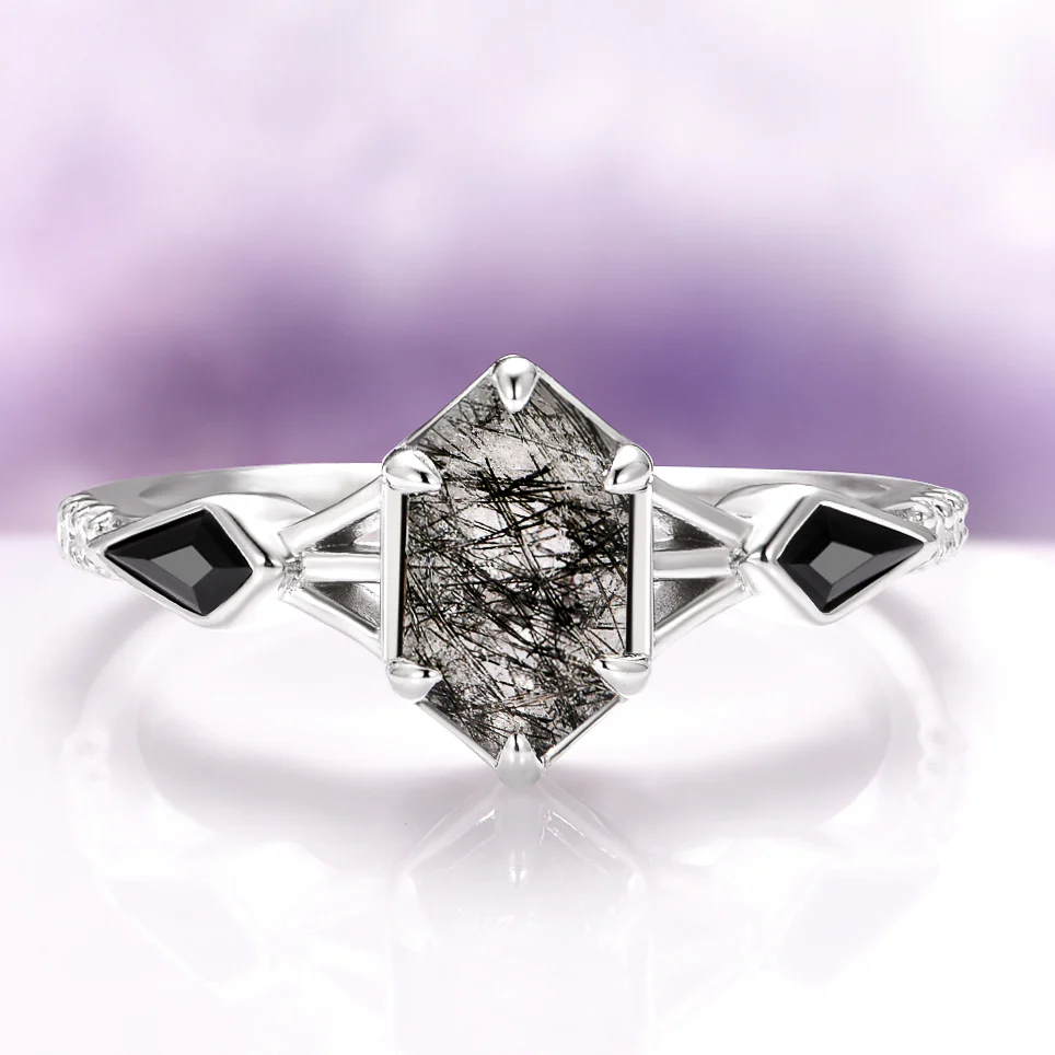 Hexagon Cut Rutilated Quartz and Black Onyx Engagement Ring in 14K White Gold