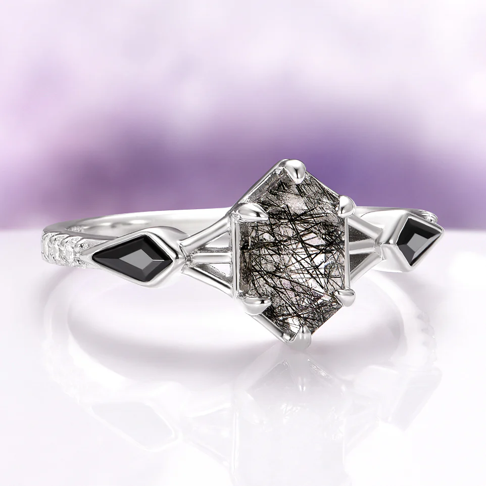 Hexagon Cut Rutilated Quartz and Black Onyx Engagement Ring in 14K White Gold - Image 5