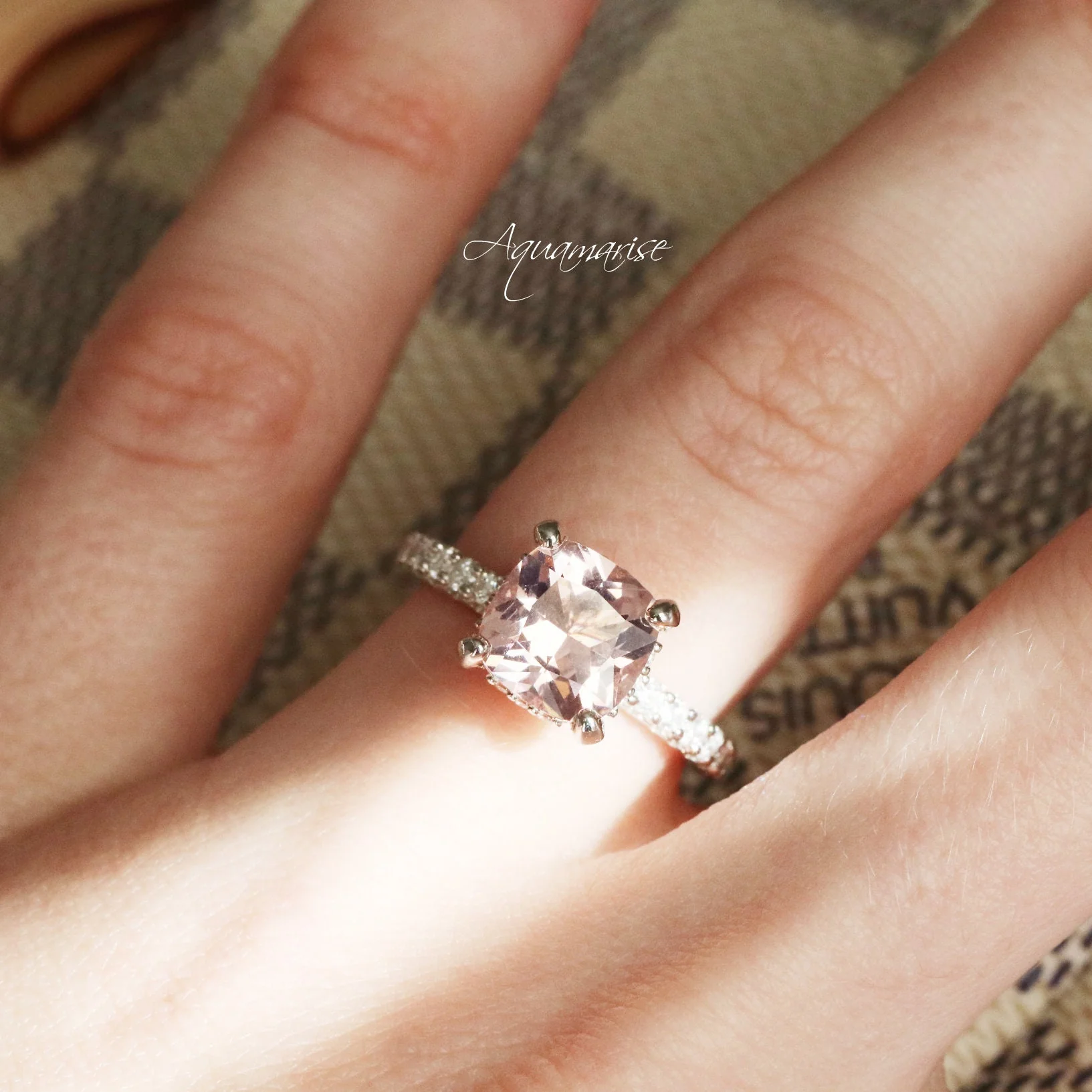 Hidden Halo Cushion Cut Morganite Engagement Ring in 14K White Gold - Image 2