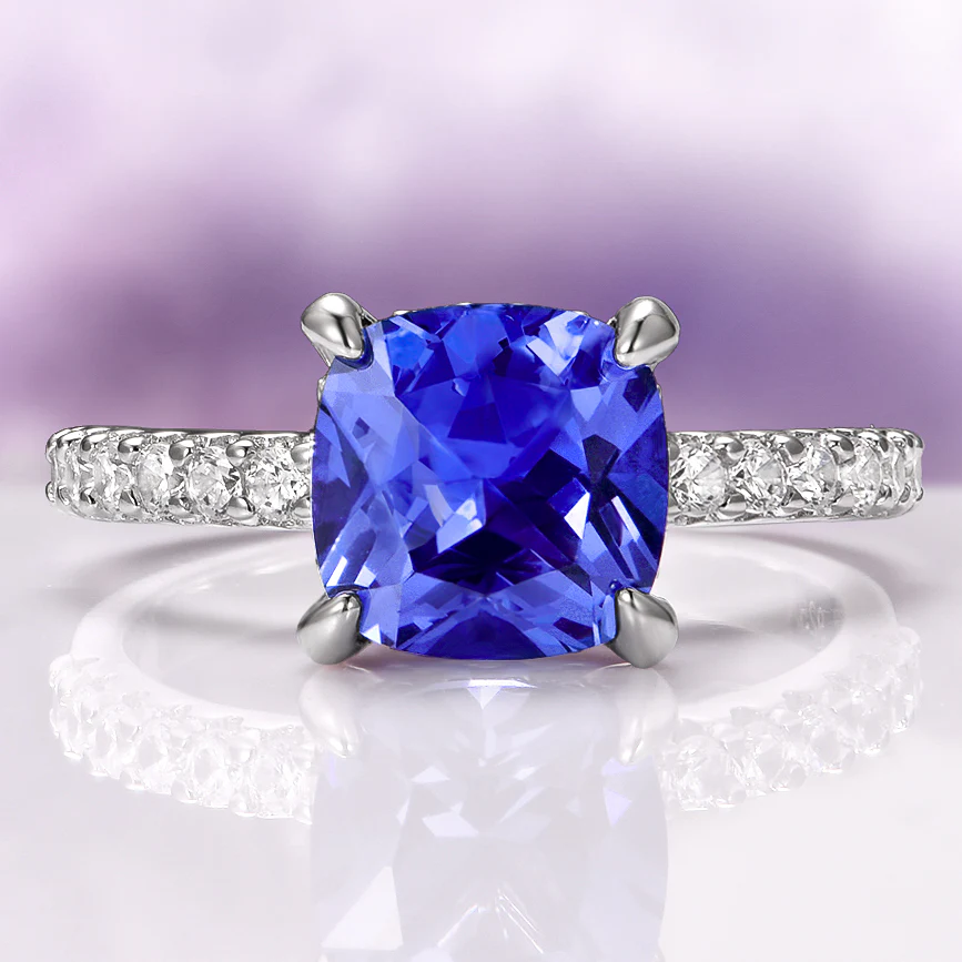 Cushion Cut Natural Tanzanite Engagement Ring in 14K White Gold (Hidden Halo)