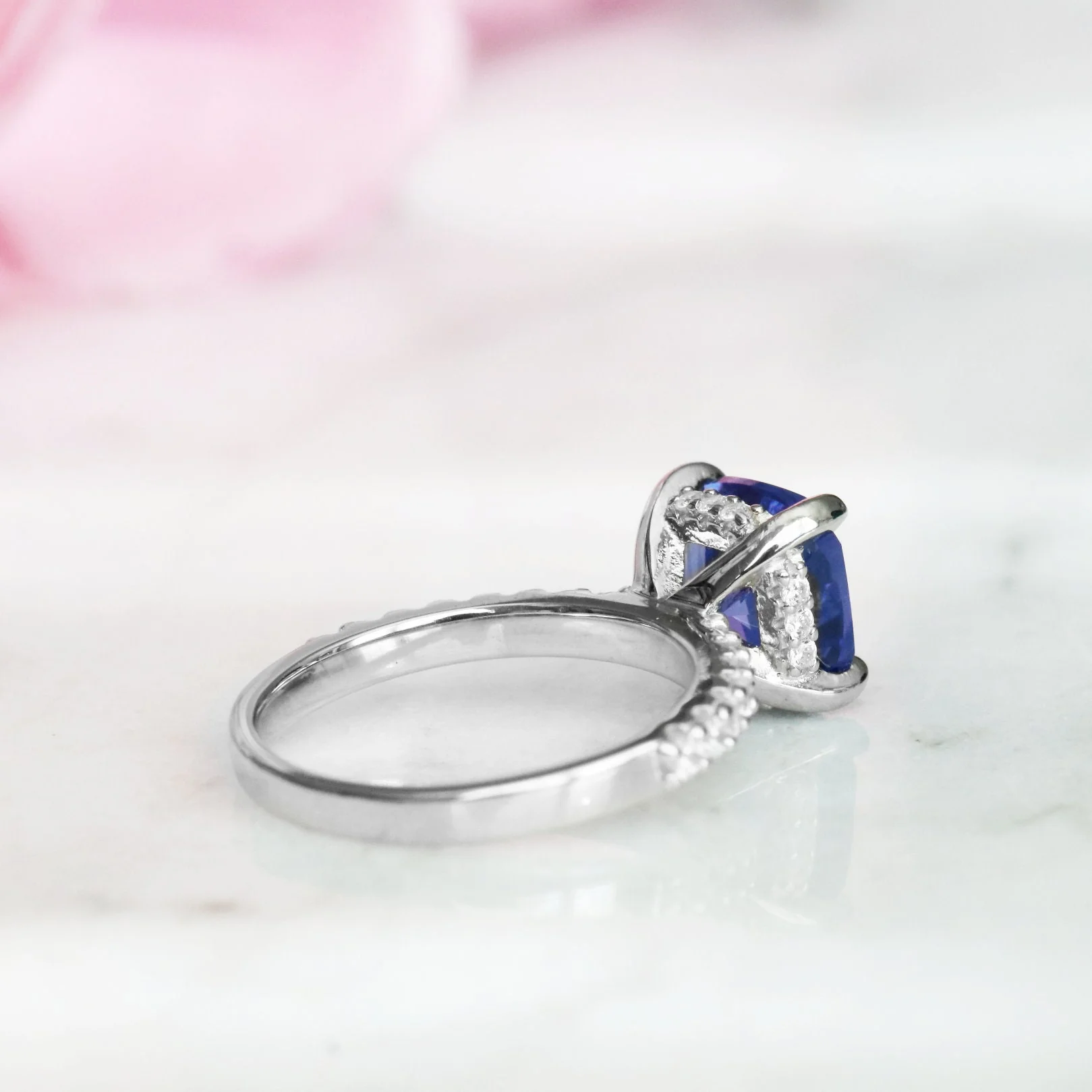 Cushion Cut Natural Tanzanite Engagement Ring in 14K White Gold (Hidden Halo) - Image 4
