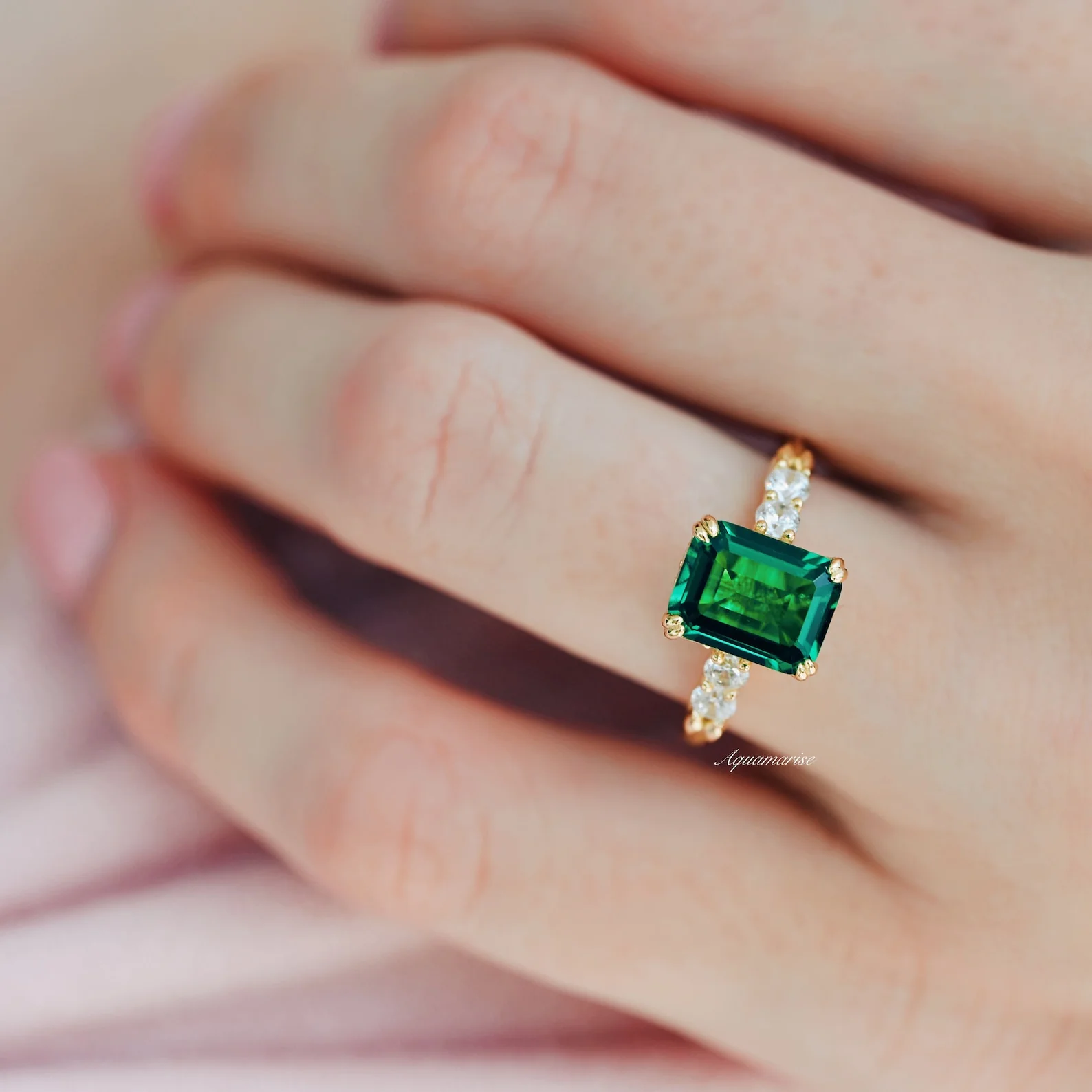Emerald Engagement Ring in 14K Solid Yellow Gold (Hidden Halo) - Image 2