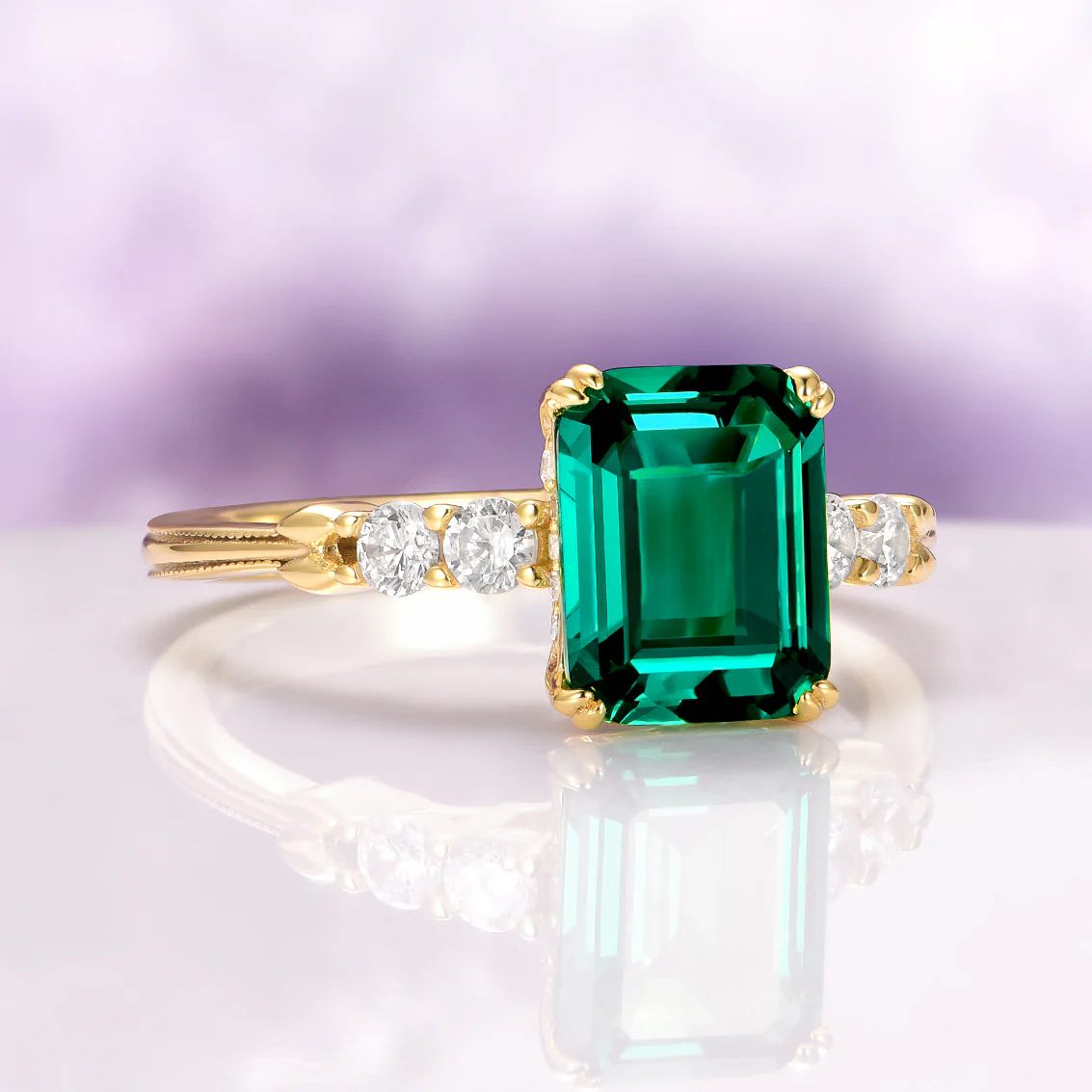 Emerald Engagement Ring in 14K Solid Yellow Gold (Hidden Halo) - Image 4