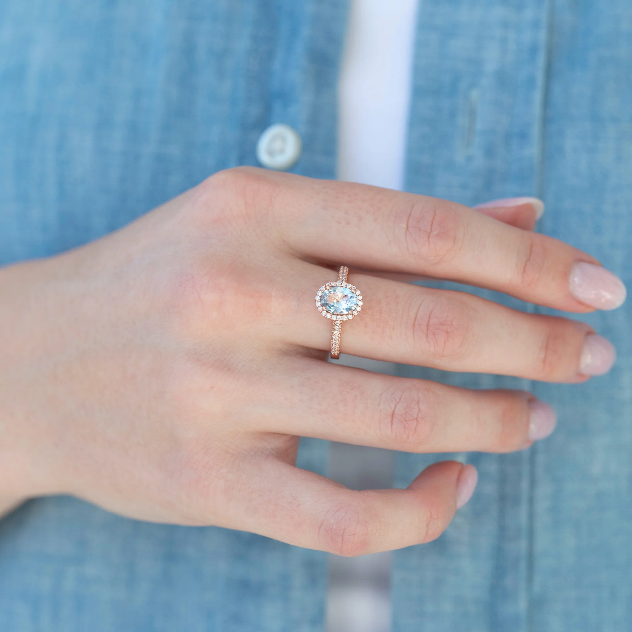 Iris Oval Aquamarine Engagement Ring in 14K Solid Rose Gold - Image 2