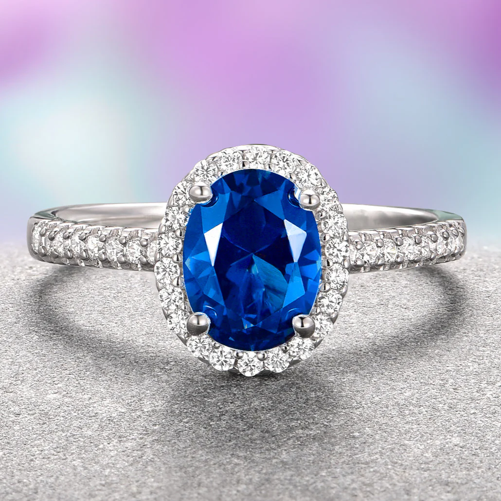 Iris Oval Blue Sapphire Engagement Ring- 14K White Gold