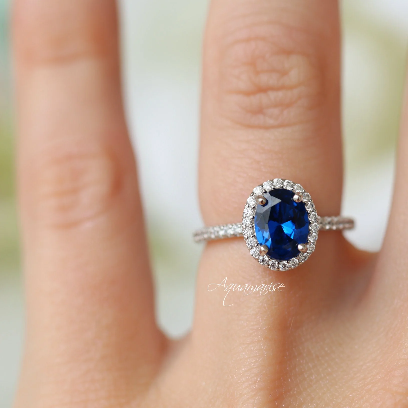 Iris Oval Blue Sapphire Engagement Ring- 14K White Gold - Image 2