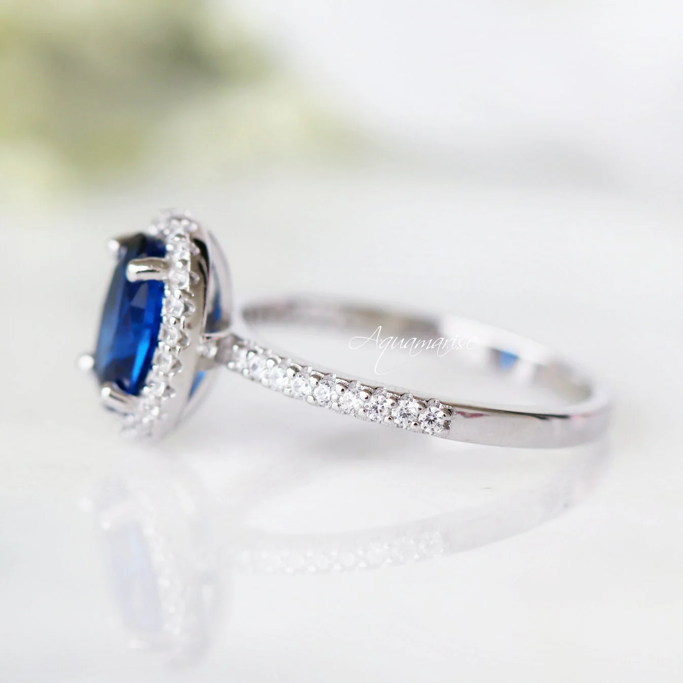 Iris Oval Blue Sapphire Engagement Ring- 14K White Gold - Image 4