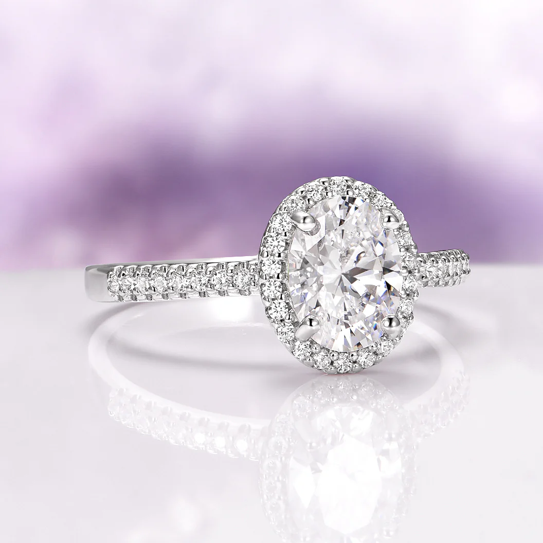 Iris Halo Oval Moissanite Engagement Ring in 14K White Gold - Image 4