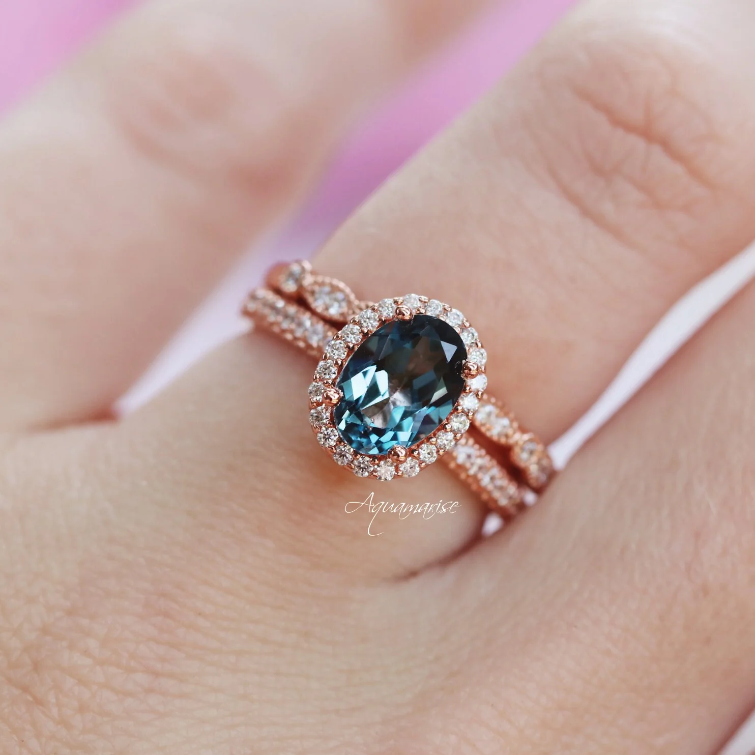 Iris Oval London Blue Topaz Engagement Ring in 14K Solid Rose Gold - Image 3