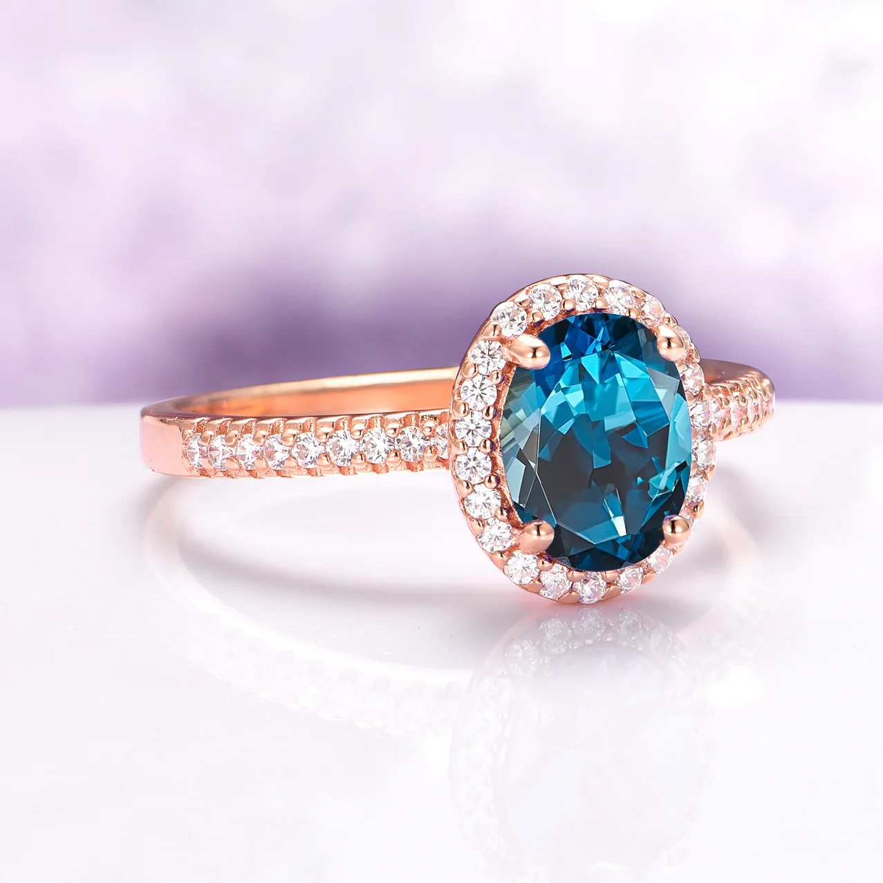 Iris Oval London Blue Topaz Engagement Ring in 14K Solid Rose Gold - Image 4