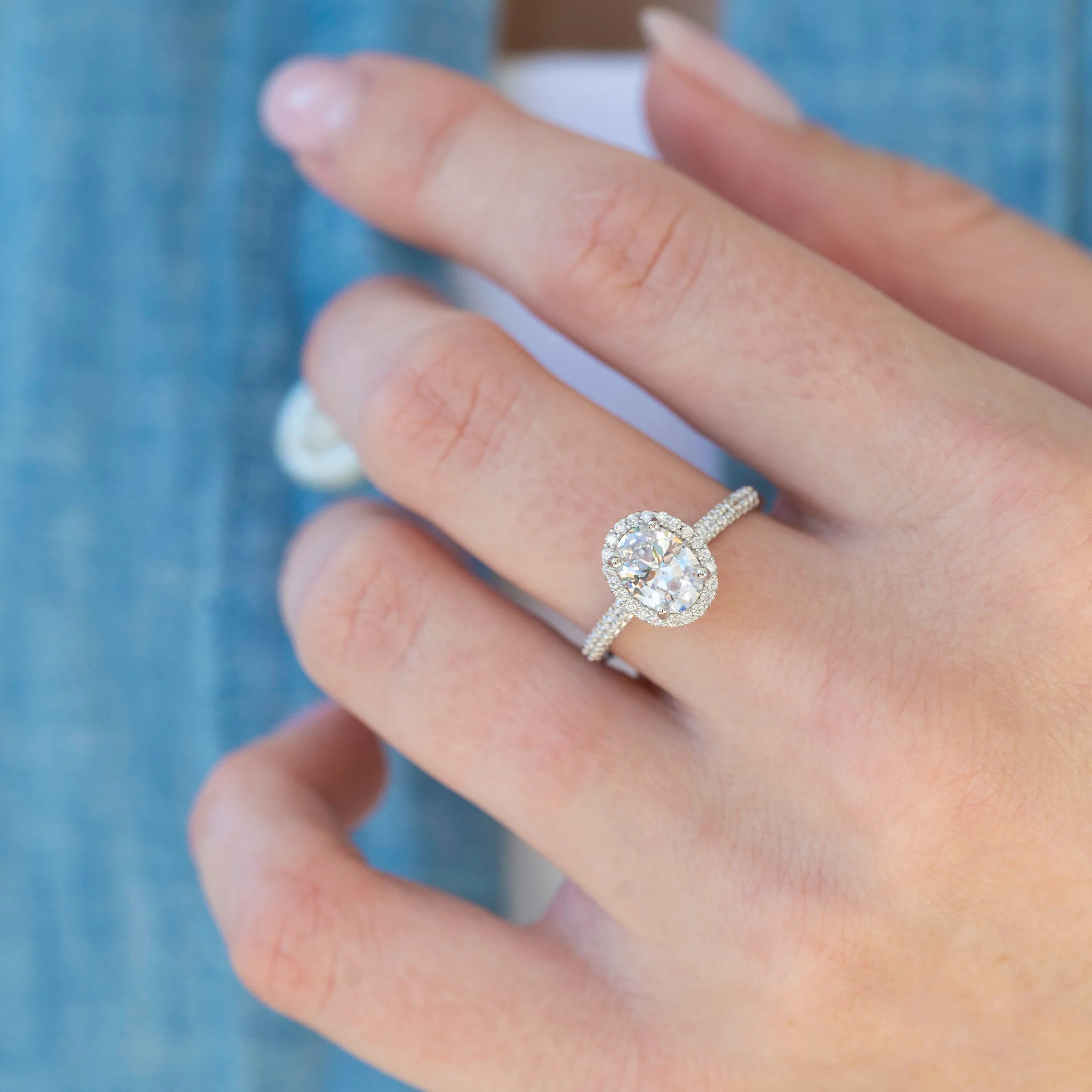 Iris Halo Oval Moissanite Engagement Ring in 14K White Gold - Image 3