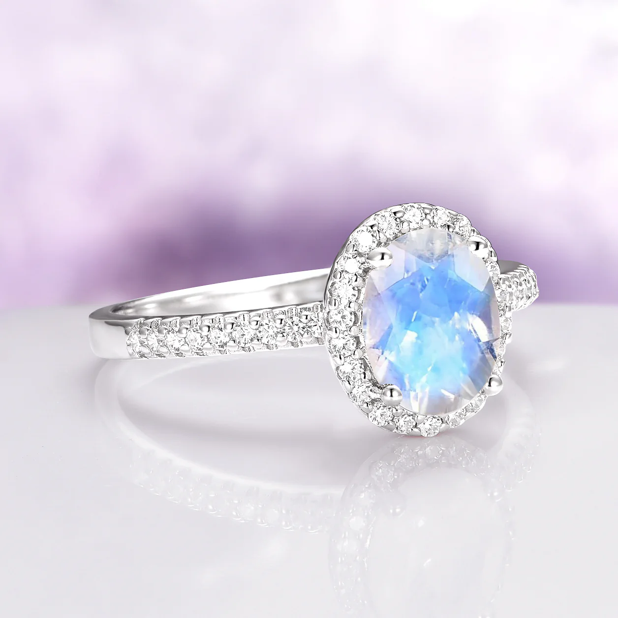 Iris Oval Moonstone Engagement Ring in 14K White Gold - Image 4