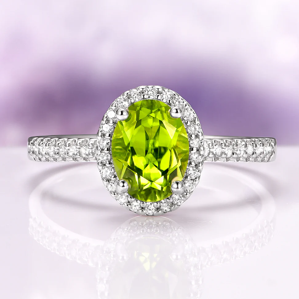 Iris Natural Oval Peridot Engagement Ring in 14K White Gold