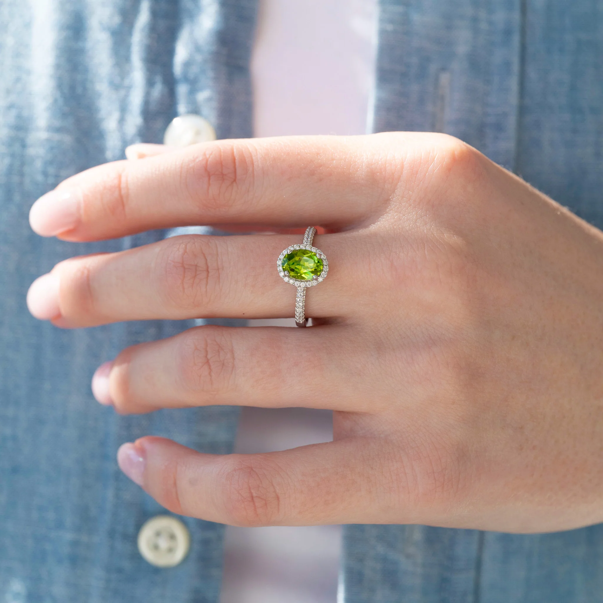 Iris Natural Oval Peridot Engagement Ring in 14K White Gold - Image 2
