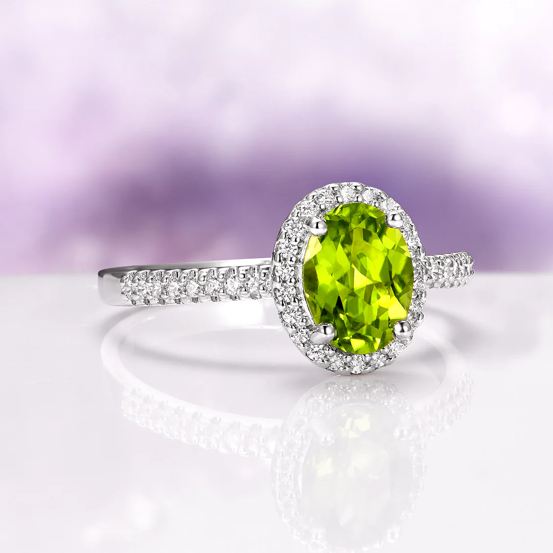 Iris Natural Oval Peridot Engagement Ring in 14K White Gold - Image 3