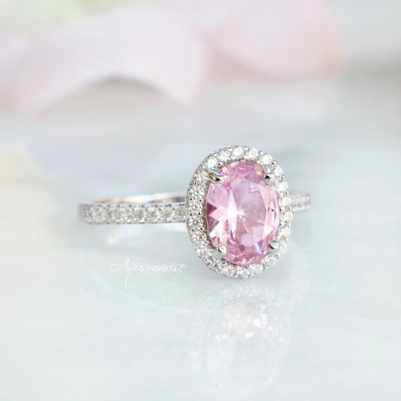 Iris Oval Pink Tourmaline Engagement Ring- 14K White Gold - Image 6