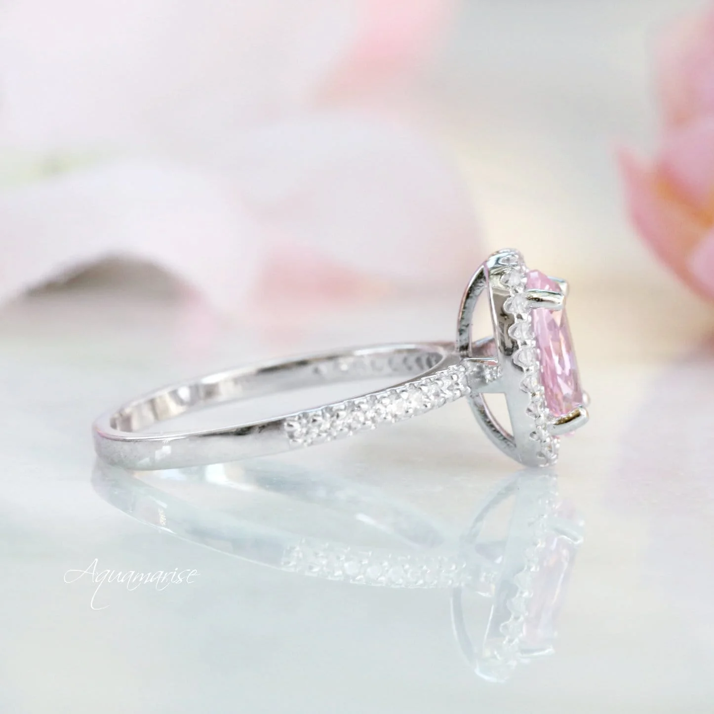 Iris Oval Pink Tourmaline Engagement Ring- 14K White Gold - Image 7