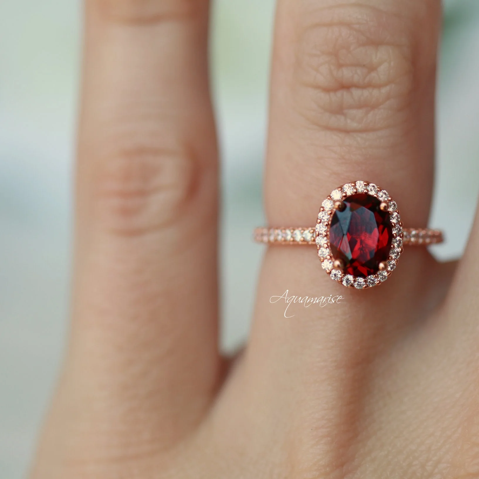 Iris Oval Red Garnet Engagement Ring- 14K Solid Rose Gold - Image 3