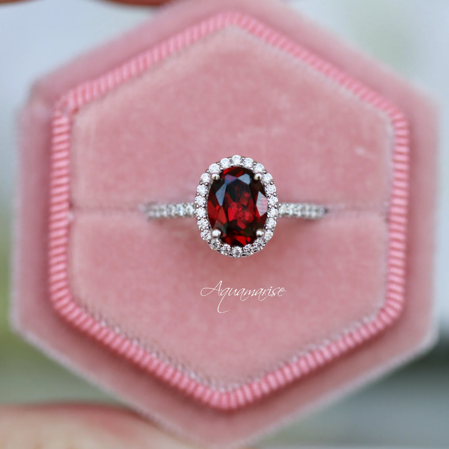 Iris Oval Red Garnet Engagement Ring- 14K White Gold - Image 2