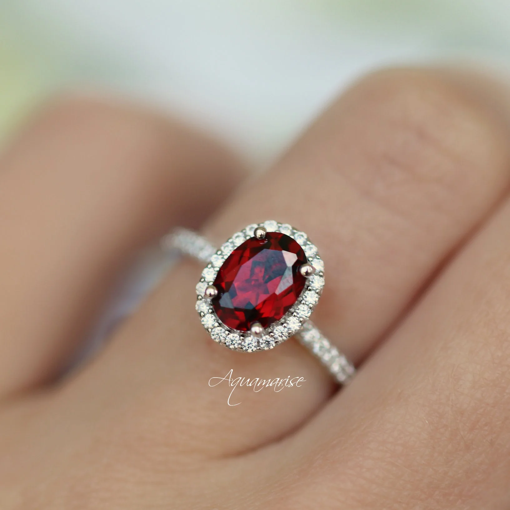 Iris Oval Red Garnet Engagement Ring- 14K White Gold - Image 4