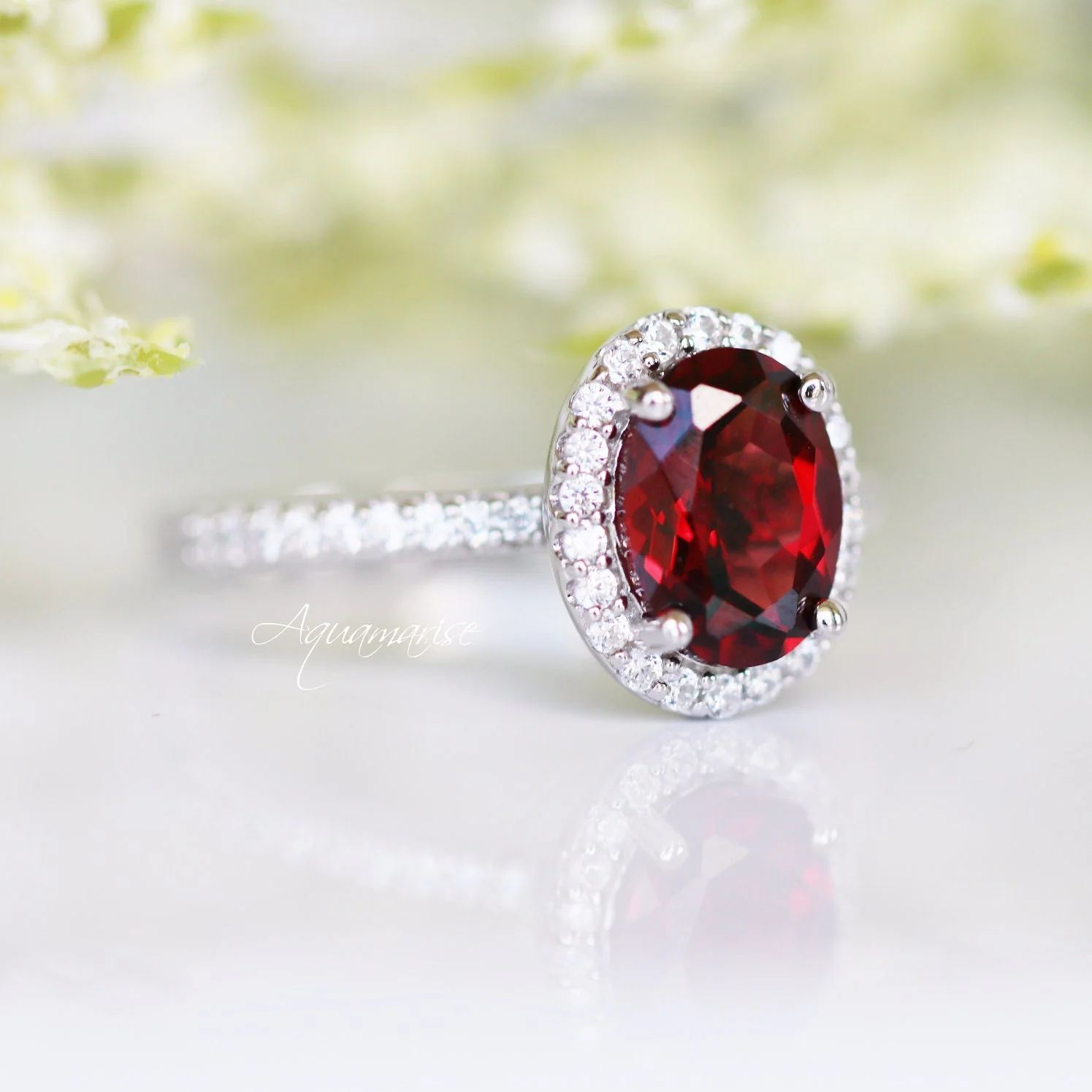Iris Oval Red Garnet Engagement Ring- 14K White Gold - Image 5