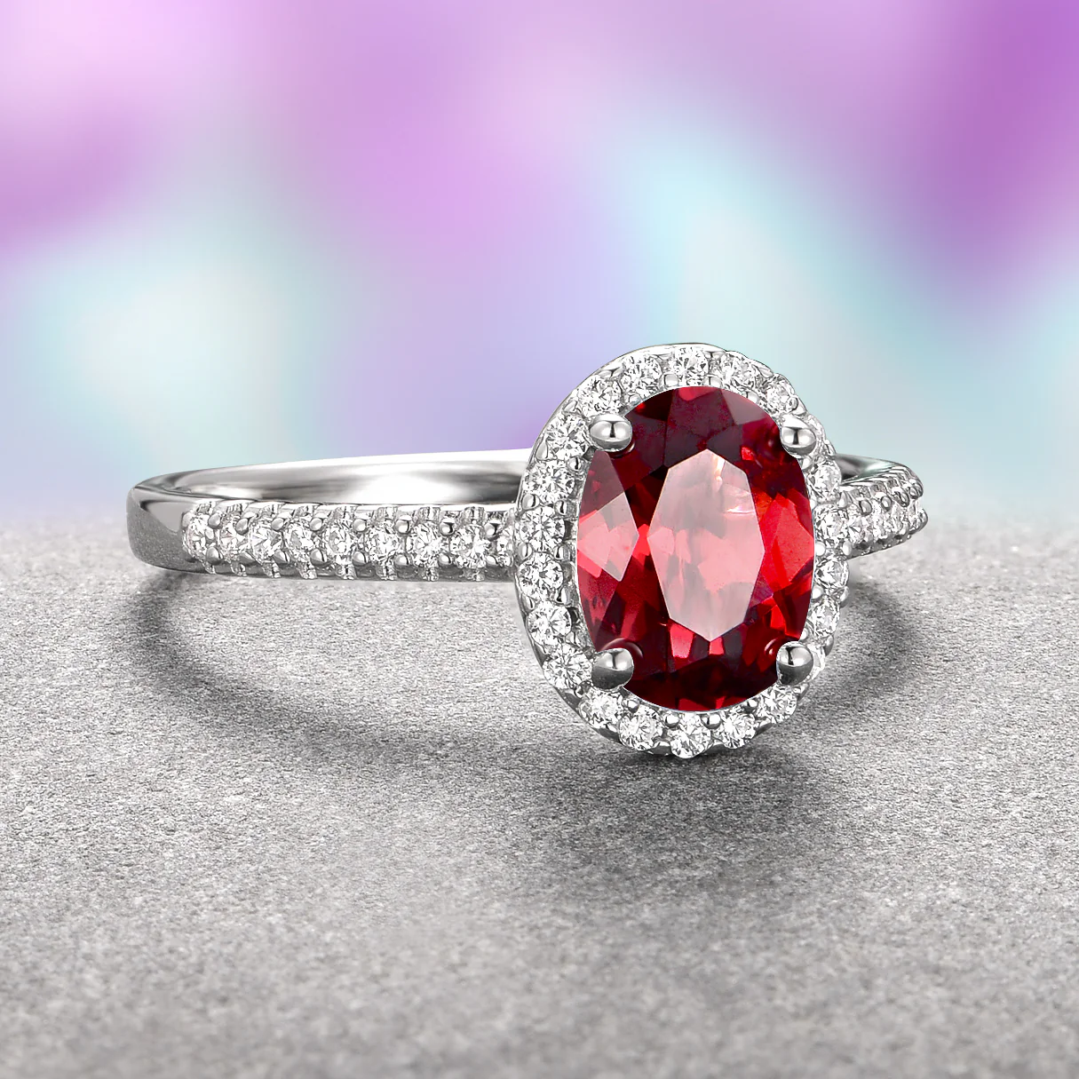 Iris Oval Red Garnet Engagement Ring- 14K White Gold - Image 7