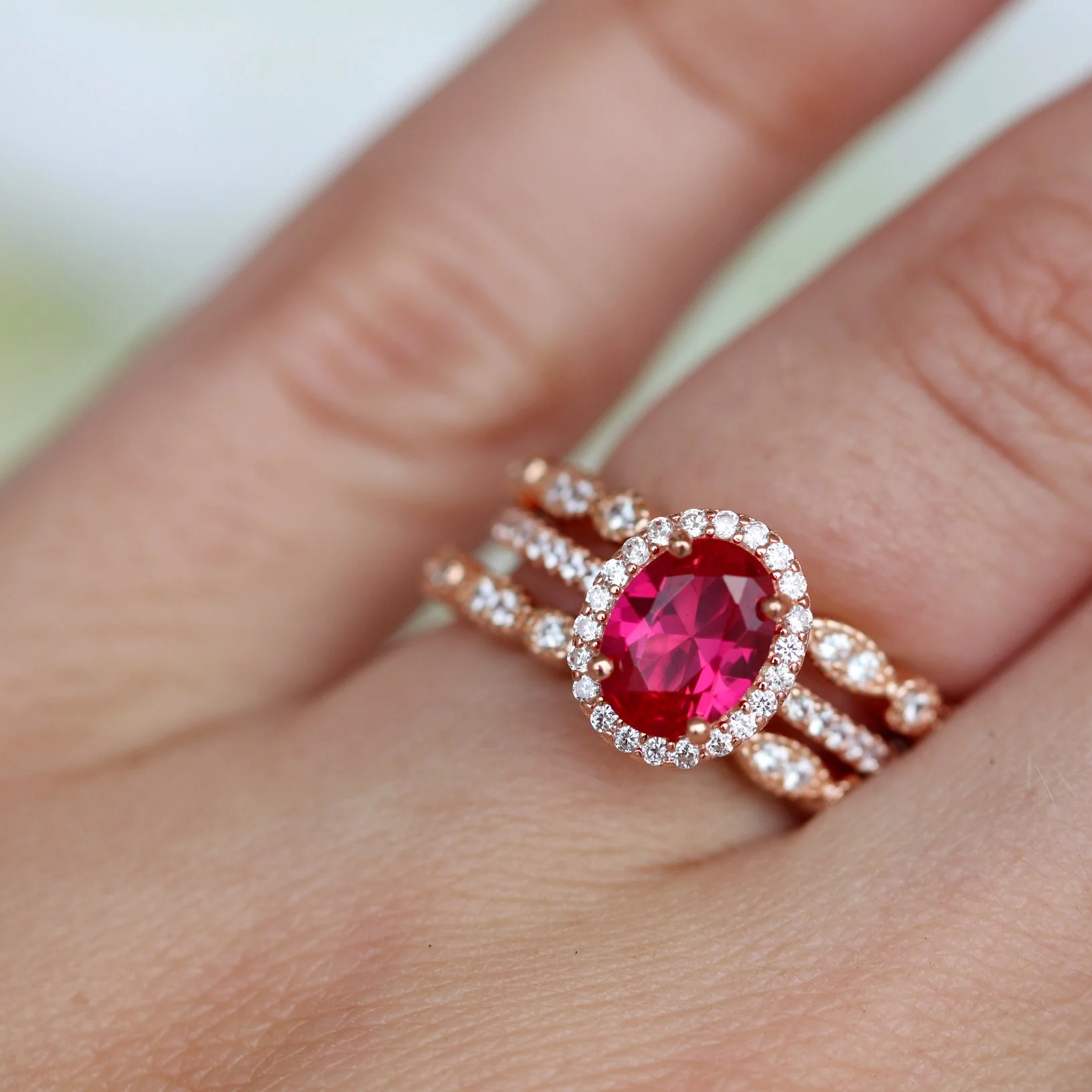Iris Oval Ruby Engagement Ring- 14K Solid Rose Gold - Image 3