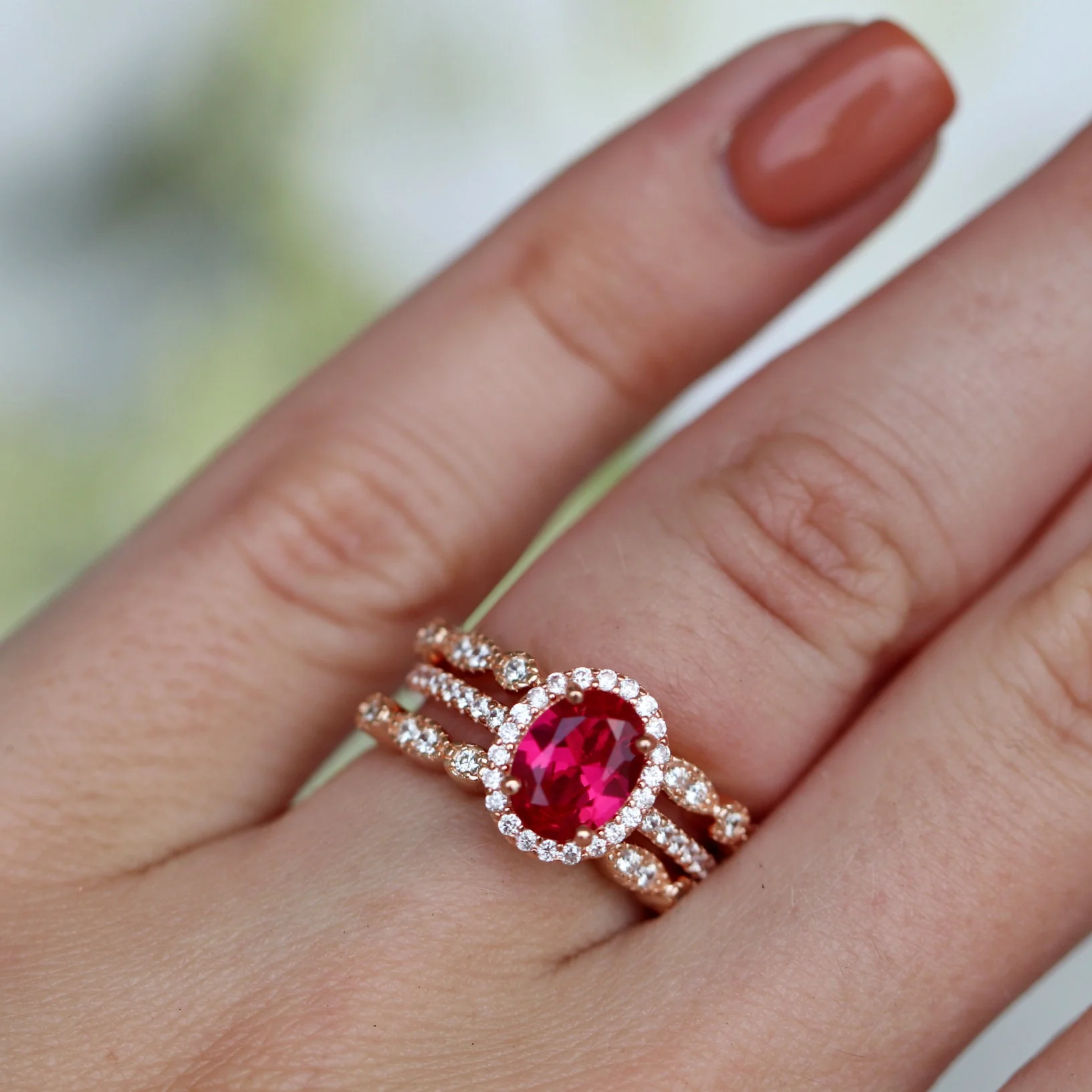 Iris Oval Ruby Engagement Ring- 14K Solid Rose Gold - Image 4